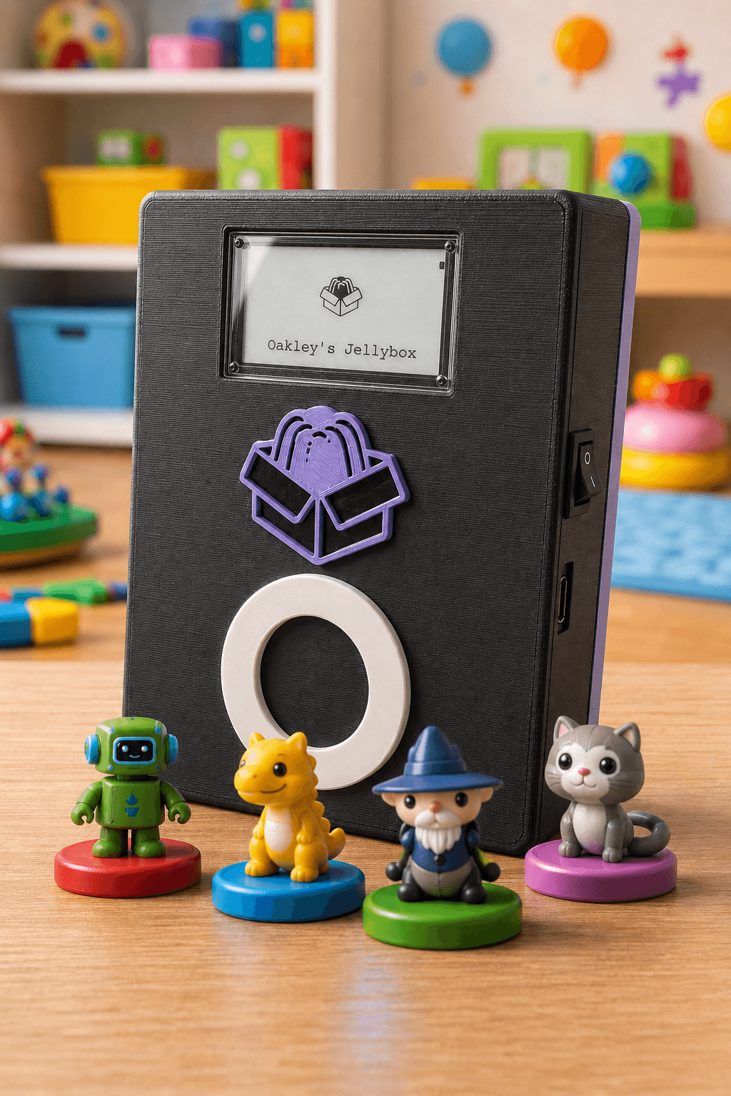 Jellybox device on a desk with four collectible figurines on coloured bases — a robot, dinosaur, wizard and cat.