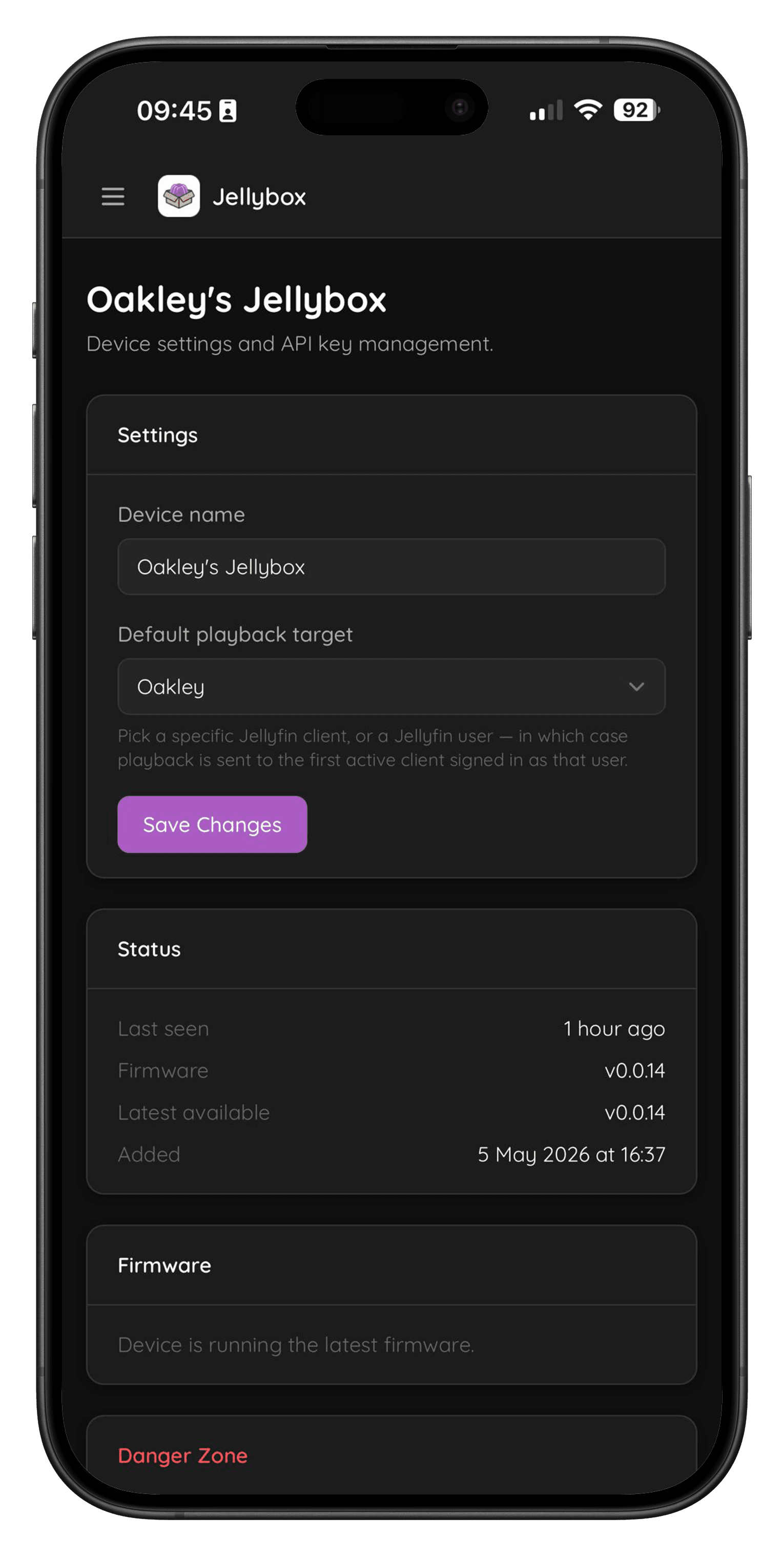 Jellybox device configuration screen with API key and default playback client.