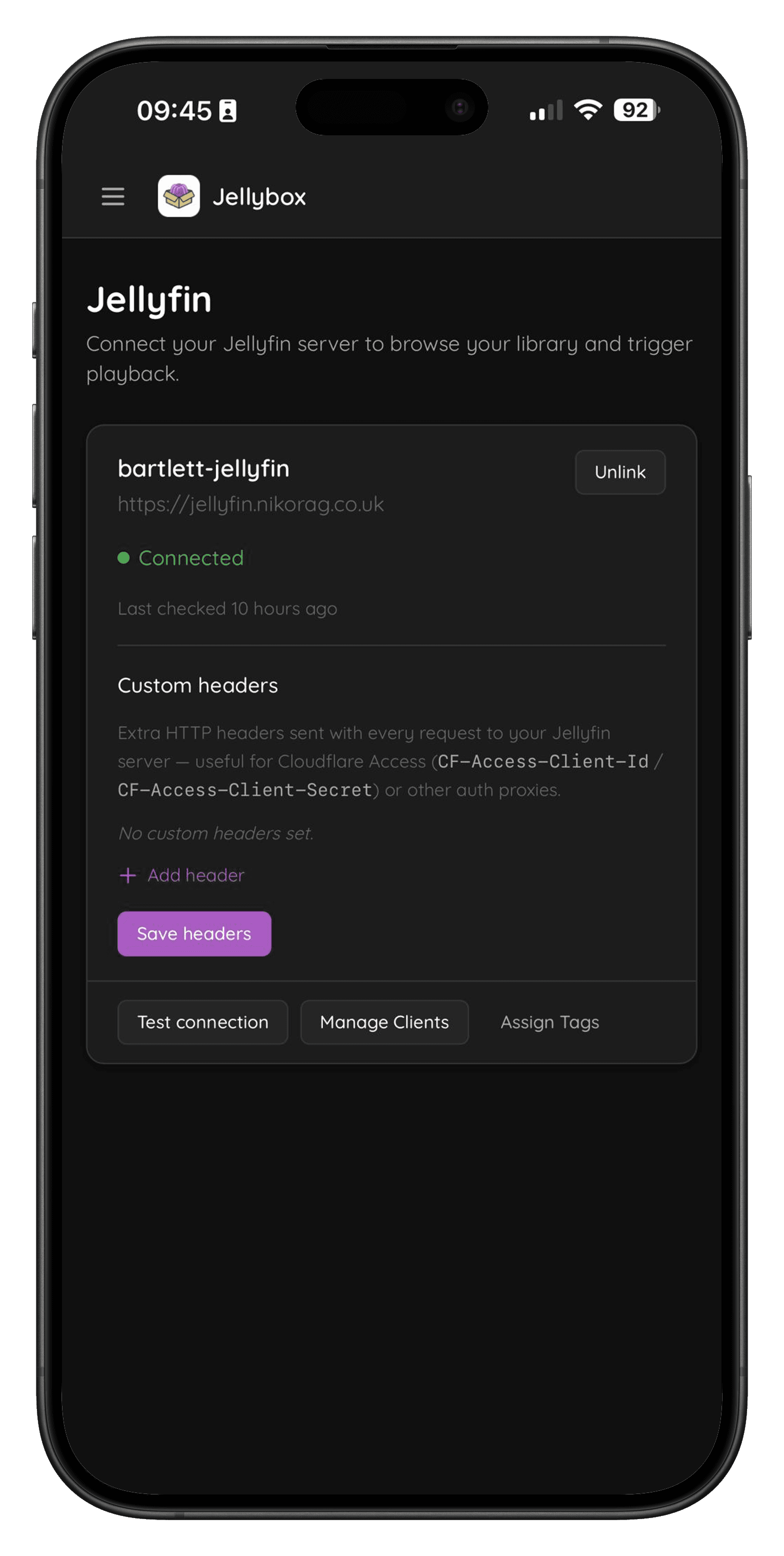 Jellybox dashboard showing Jellyfin server connection settings on an iPhone.