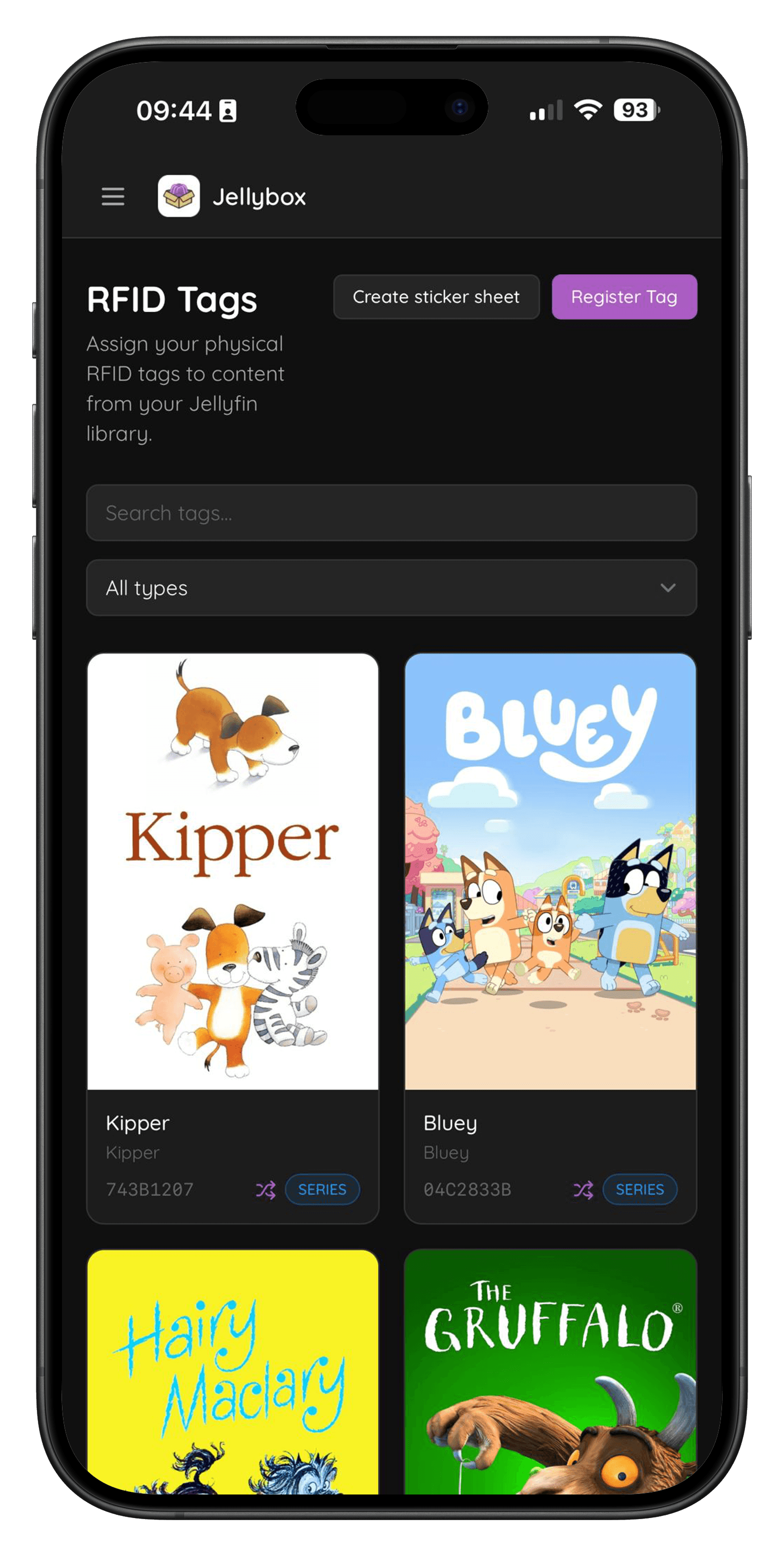 Tag management screen with a list of RFID tags mapped to movies and shows.