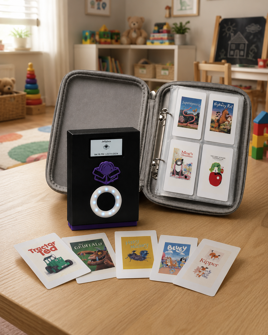 A Jellybox device on a child's table next to an open ring-binder folio holding printed children's-book sticker cards, with more cards (Tractor Ted, The Gruffalo, Bluey, Kipper) laid out in front.
